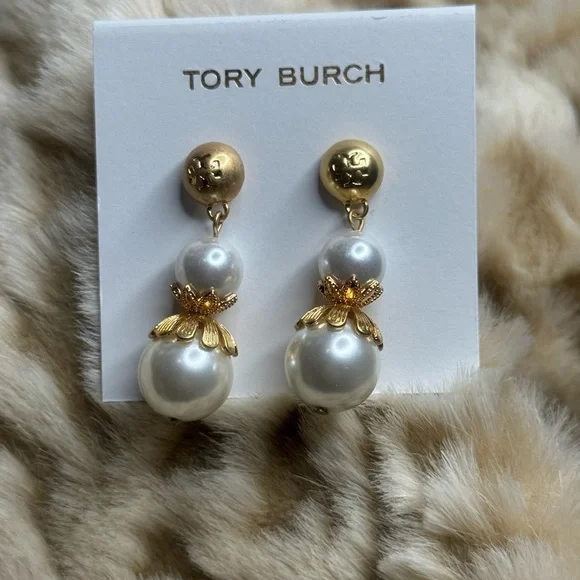 Tory Burch Gold and Pearl Floral Earrings - Picture 3 of 5